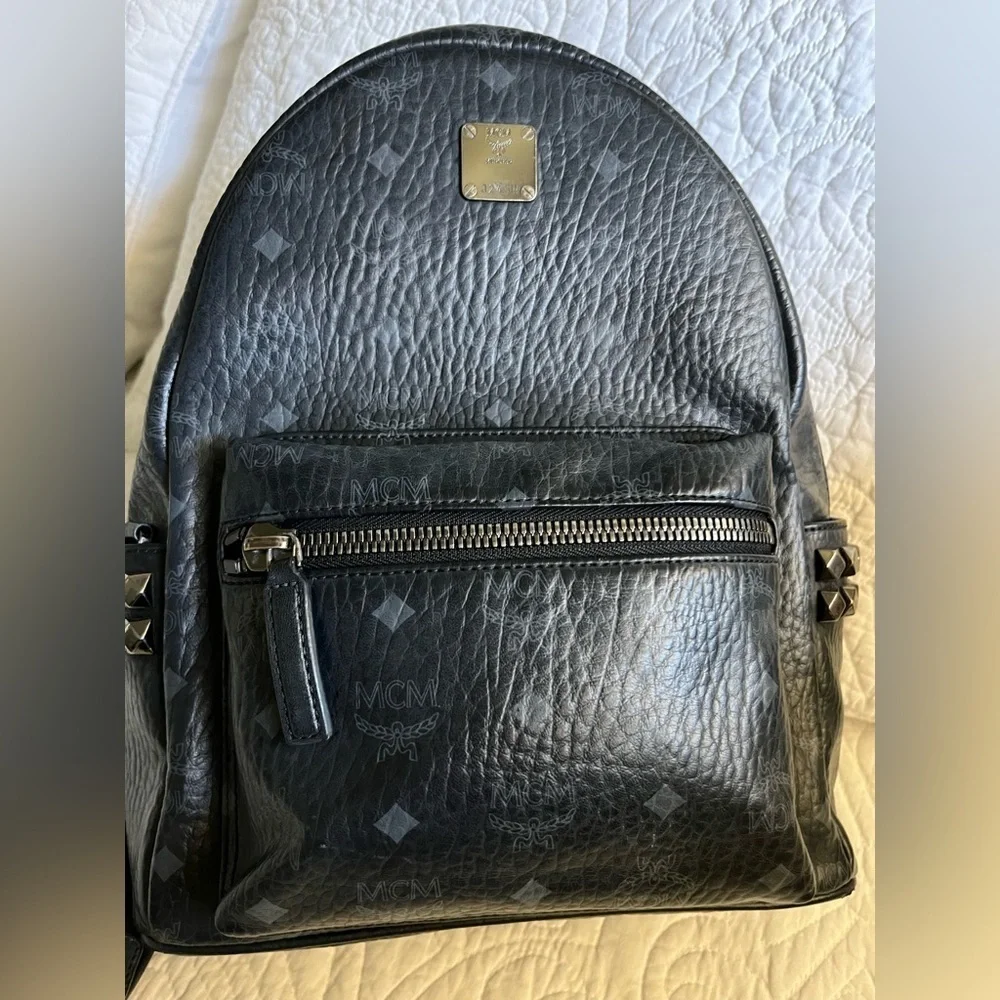Stark Side Studs Backpack In Visetos, black side pockets w/stud details leather